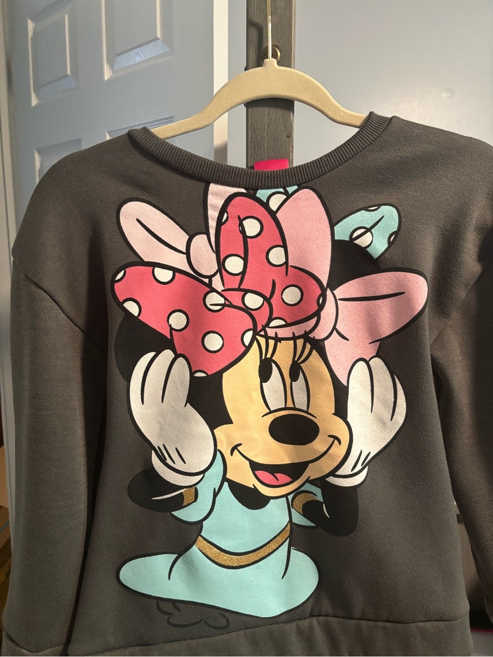 Disney Minnie Mouse Gray Pullover with Pink Polka Dot Bow and Mint Dress